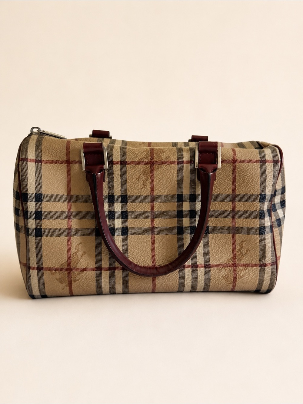 Vintage Burberry Beige Tan Check Barrel Bag with Burgundy Leather Handles